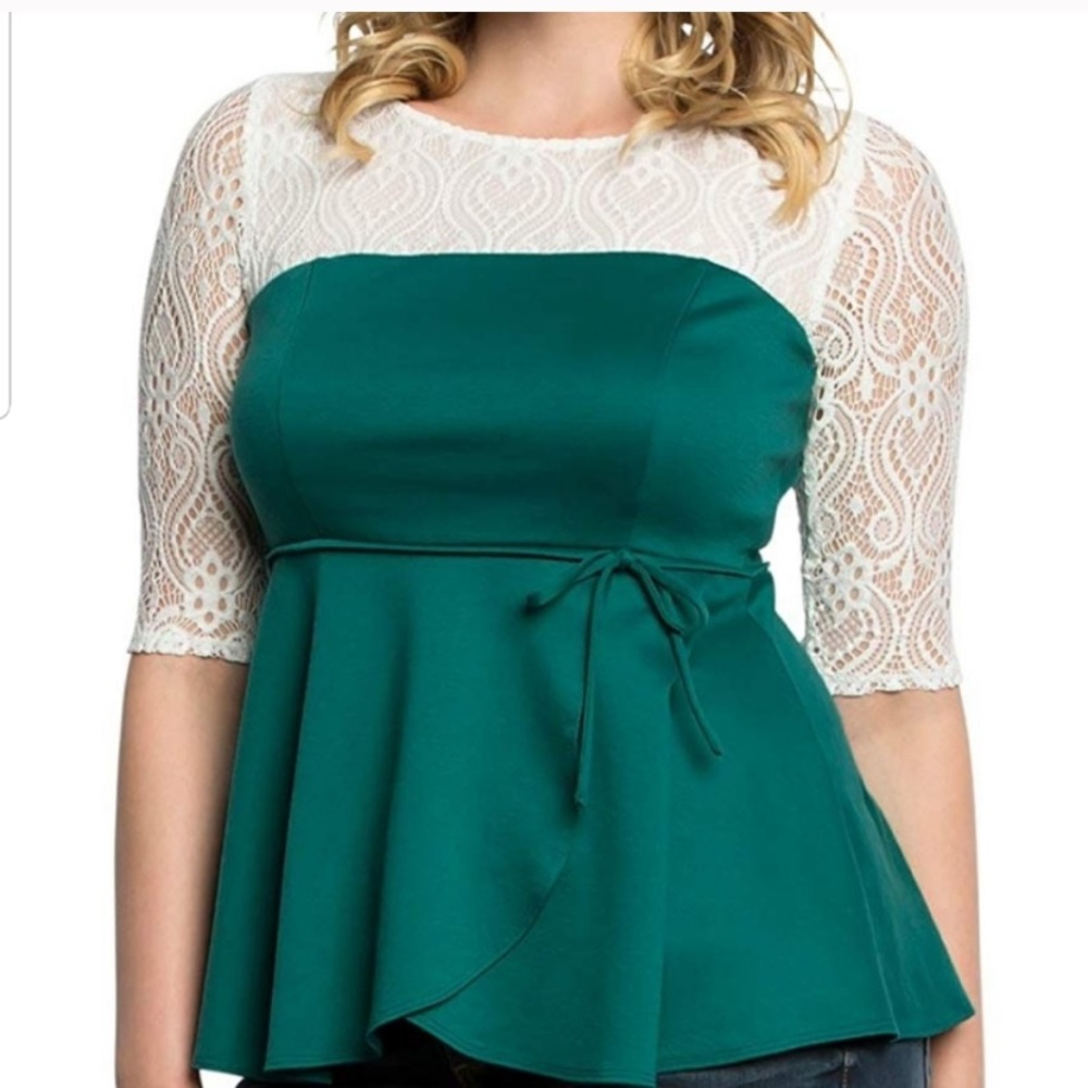 Women Top Blouse 3X Peplum Lace White/Emerald